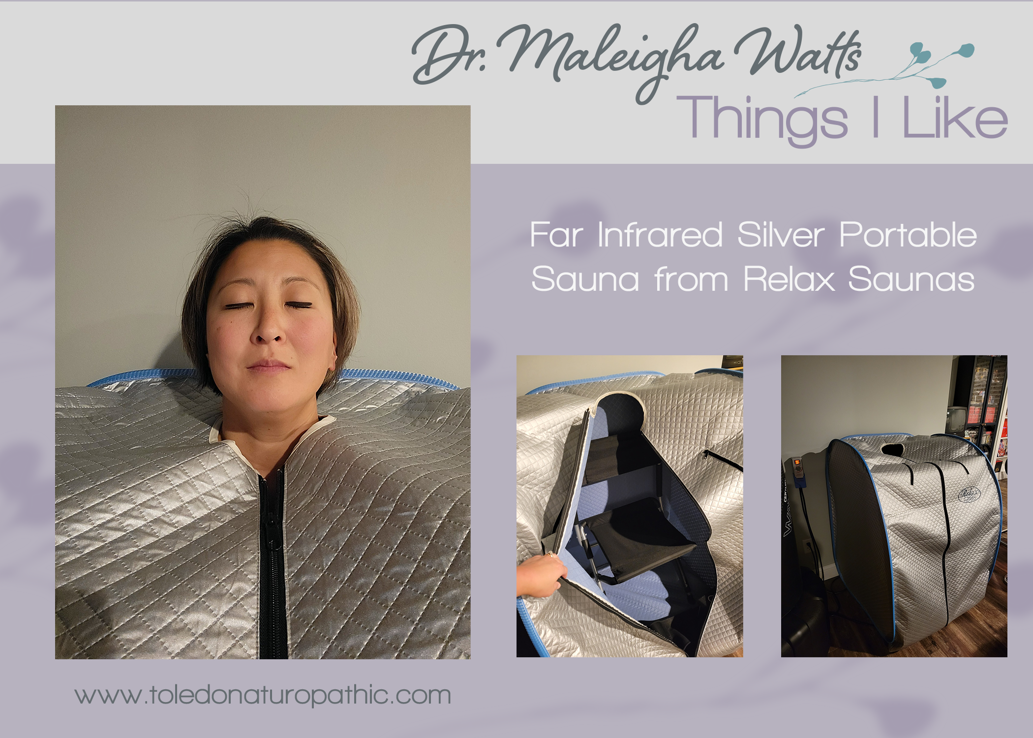 Dr. Maleigha Watts, an Asian woman with short hair, is sitting peacefully in a zip-up silver sauna with her head sticking out.